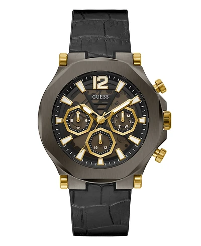 Guess Men's Multi-Function Black and Gunmetal Genuine Leather and Silicone Watch 46mm