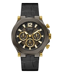 Guess Men's Multi-Function Black and Gunmetal Genuine Leather and Silicone Watch 46mm