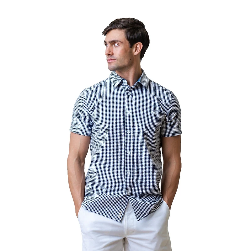 Hope & Henry Mens' Organic Seersucker Short Sleeve Button Down Shirt