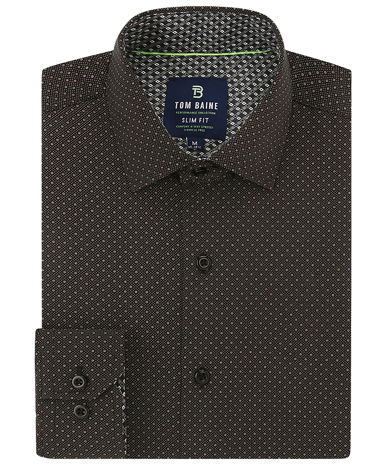 Tom Baine Men's Slim Fit Performance Long Sleeve Geometric Button Down Dress Shirt