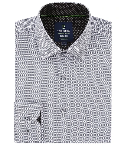 Tom Baine Men's Slim Fit Performance Long Sleeve Geometric Button Down Dress Shirt