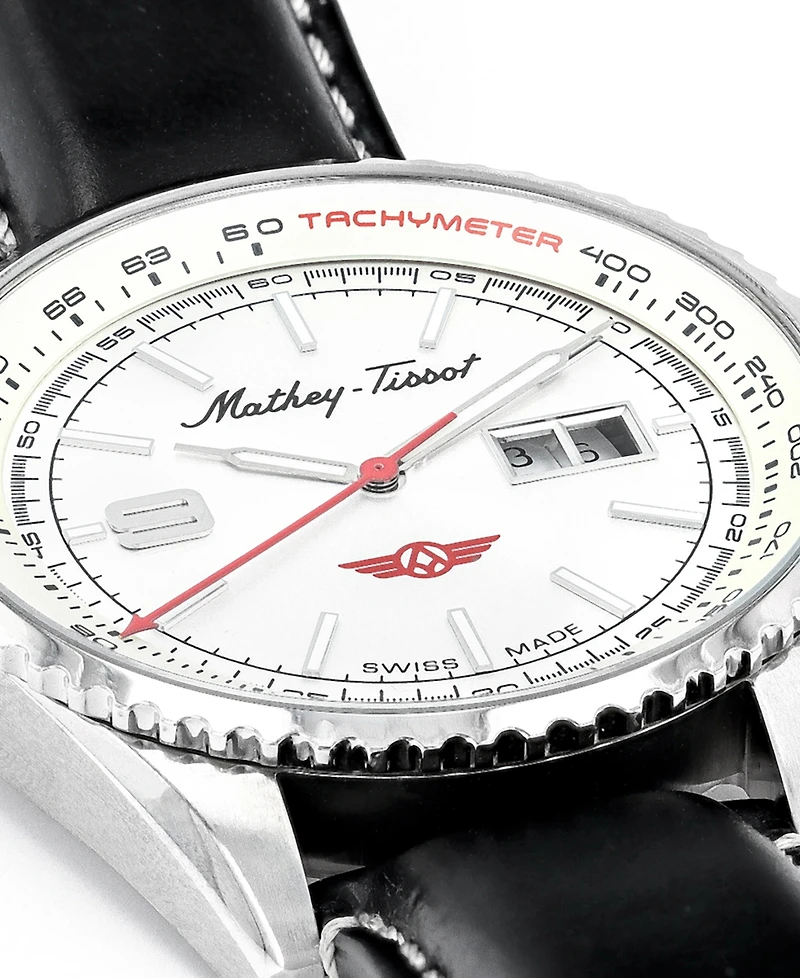 Mathey-Tissot Men's Atlas Collection Three Hand Date Black Genuine Leather Strap Watch, 43mm