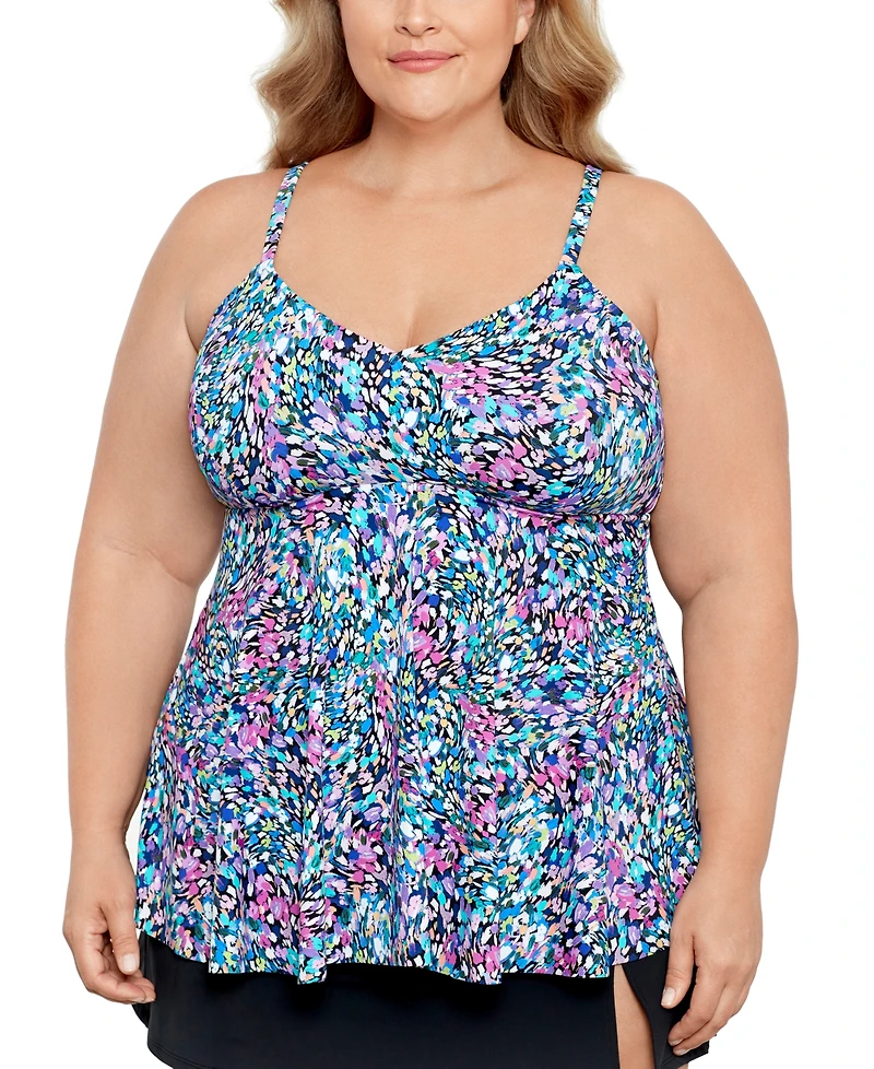 Swim Solutions Plus Size Printed V-Neck Underwire Tankini Top, Created for Macy's