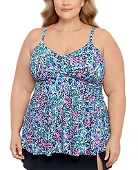 Swim Solutions Plus Size Printed V-Neck Underwire Tankini Top, Created for Macy's