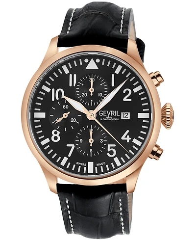 Gevril Men's Vaughn Swiss Automatic Italian Leather Strap Watch 44mm