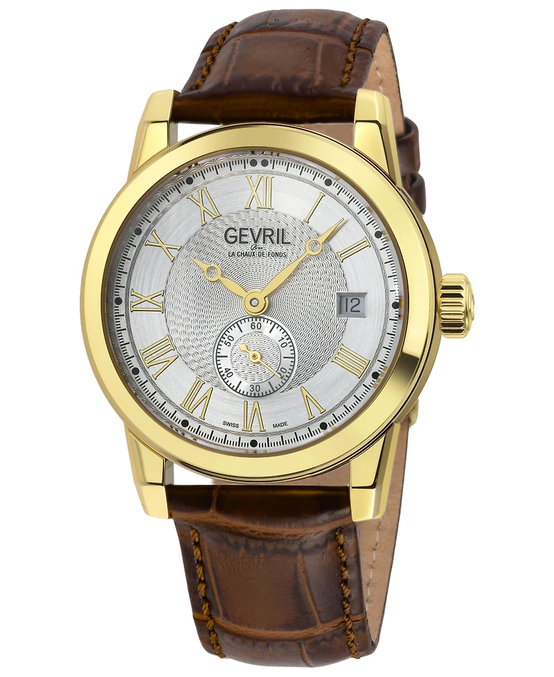 Gevril Men's Madison Swiss Automatic Brown Genuine Leather Strap Watch 39mm