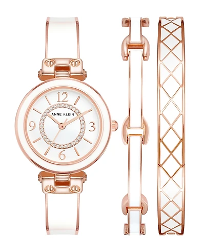 Anne Klein Women's Rose Gold-Tone Alloy Bangle with White Enamel and Crystal Accents Fashion Watch 33mm Set 3 Pieces