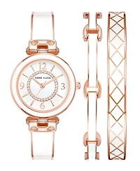Anne Klein Women's Rose Gold-Tone Alloy Bangle with White Enamel and Crystal Accents Fashion Watch 33mm Set 3 Pieces
