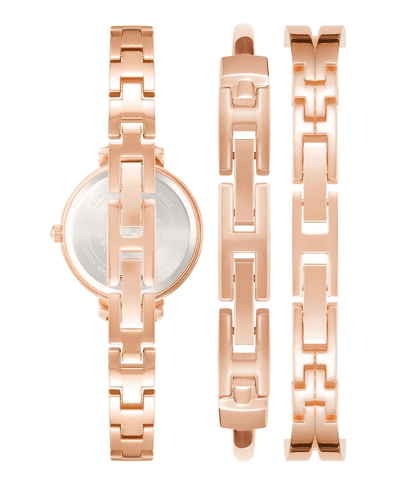 Anne Klein Women's Rose Gold-Tone Alloy Bangle with Navy Enamel and Crystal Accents Fashion Watch 33mm Set 3 Pieces