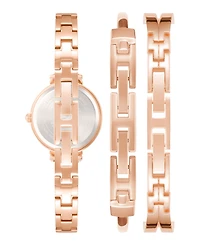 Anne Klein Women's Rose Gold-Tone Alloy Bangle with Navy Enamel and Crystal Accents Fashion Watch 33mm Set 3 Pieces