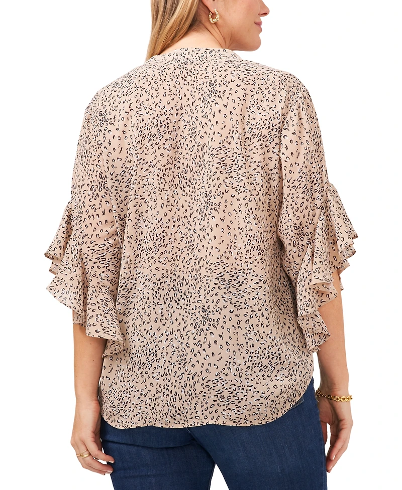 Vince Camuto Plus Size Cheetah-Print Pintuck V-Neck 3/4- Flutter-Sleeve Blouse