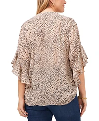 Vince Camuto Plus Size Cheetah-Print Pintuck V-Neck 3/4- Flutter-Sleeve Blouse