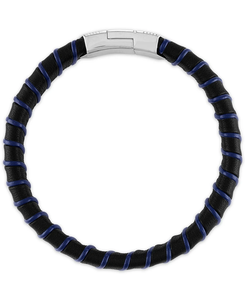 Esquire Men's Jewelry Woven Black & Blue Leather Bracelet in Sterling Silver, Created for Macy's