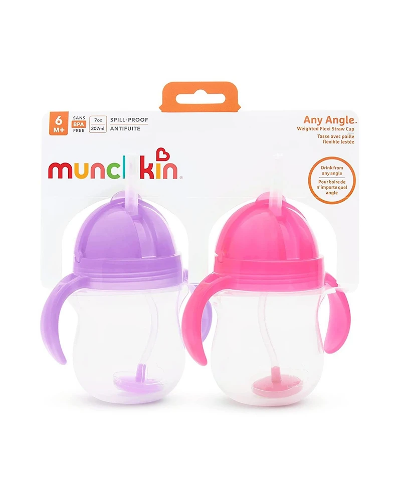 Munchkin Toddler Click Lock Weighted Straw Cup, 7 oz, Pink/Purple, Pack of 2