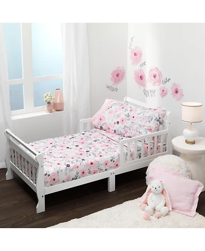 Bedtime Originals Toddler Blossom 4-Piece Pink/Gray Watercolor Floral Bedding Set