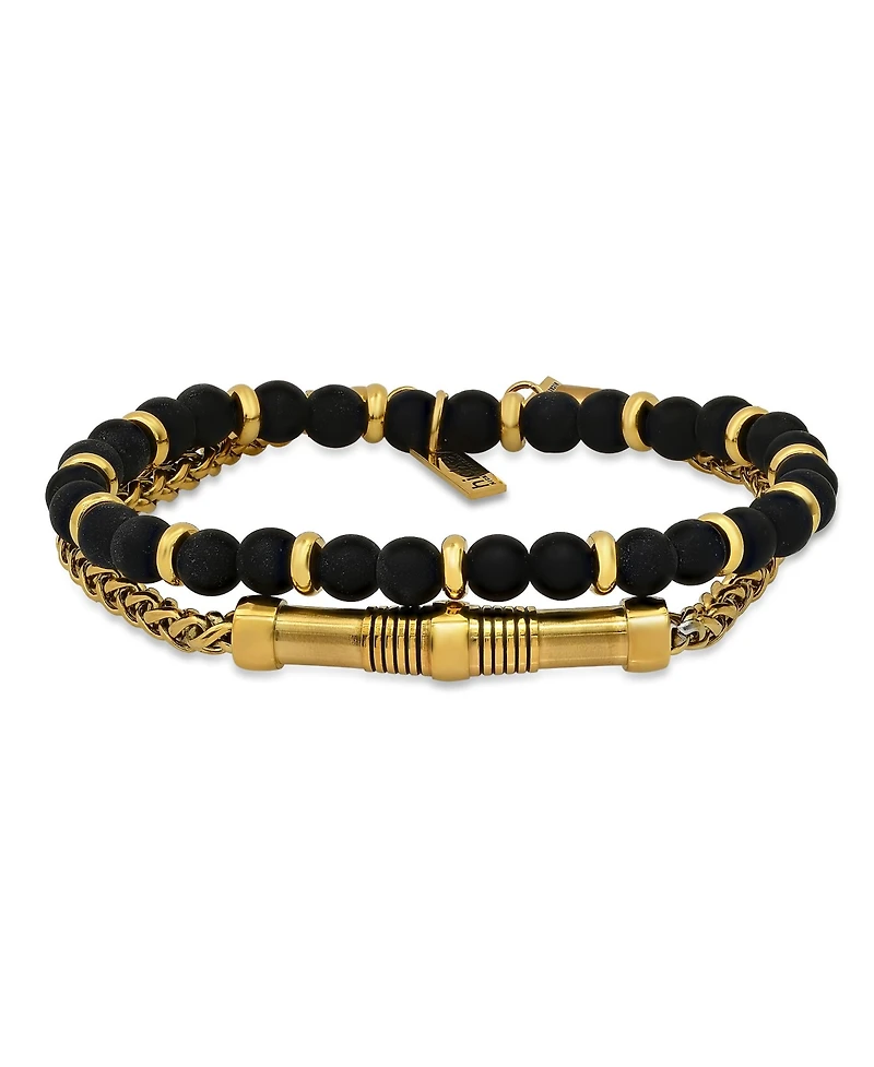 Hmy Jewelry 18K Gold Plated Stainless Steel Rounded Box Chain and Tube Bead Id Bracelet, 2 Piece Set