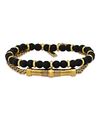 Hmy Jewelry 18K Gold Plated Stainless Steel Rounded Box Chain and Tube Bead Id Bracelet, 2 Piece Set