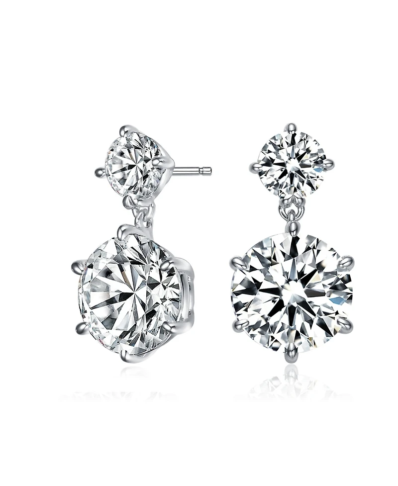 Sterling Silver with Rhodium Plated Clear Round Cubic Zirconia Two Stone Drop Earrings