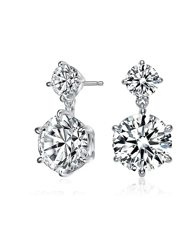 Sterling Silver with Rhodium Plated Clear Round Cubic Zirconia Two Stone Drop Earrings
