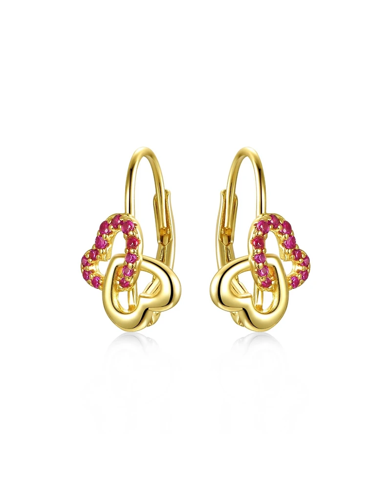 Radiant Double Heart Halo Drop Leverback Earrings for Kids/Teens in Sterling Silver with 14k Yellow Gold Plating and Red Accents
