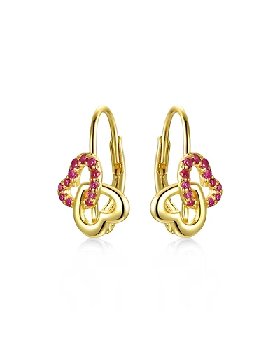 Radiant Double Heart Halo Drop Leverback Earrings for Kids/Teens in Sterling Silver with 14k Yellow Gold Plating and Red Accents