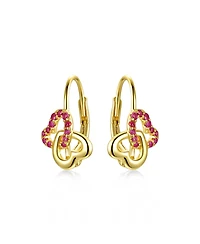 Radiant Double Heart Halo Drop Leverback Earrings for Kids/Teens in Sterling Silver with 14k Yellow Gold Plating and Red Accents