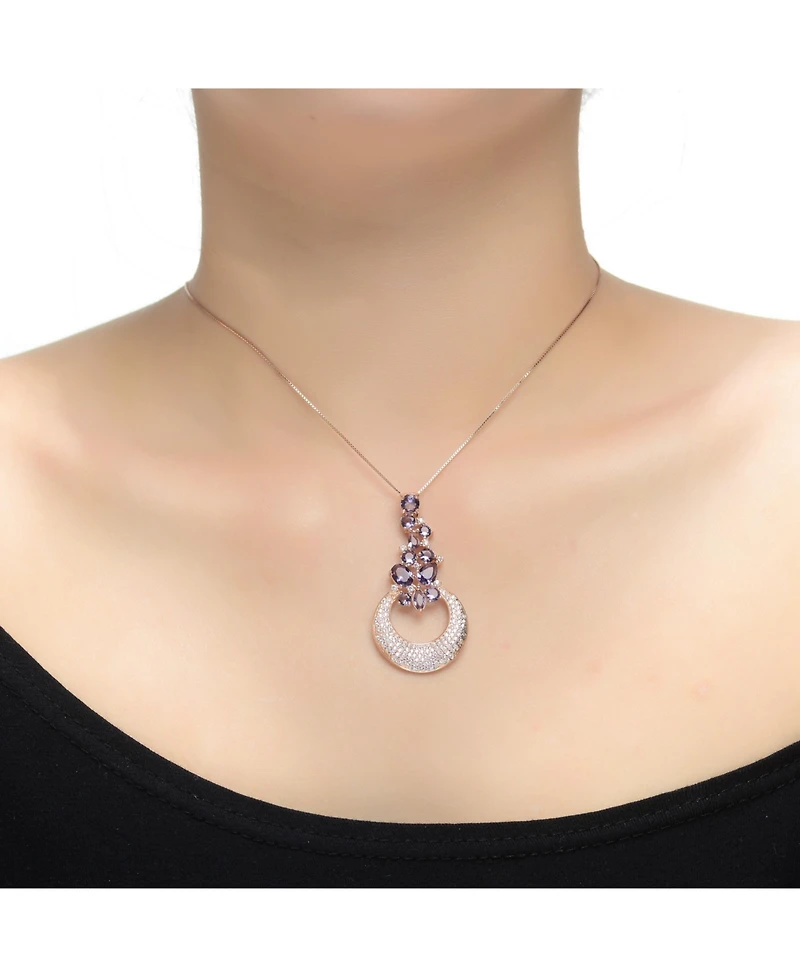 Genevive Sterling Silver 18K Rose Gold Plated Clear and Purple Cubic Zirconia Pendant Necklace