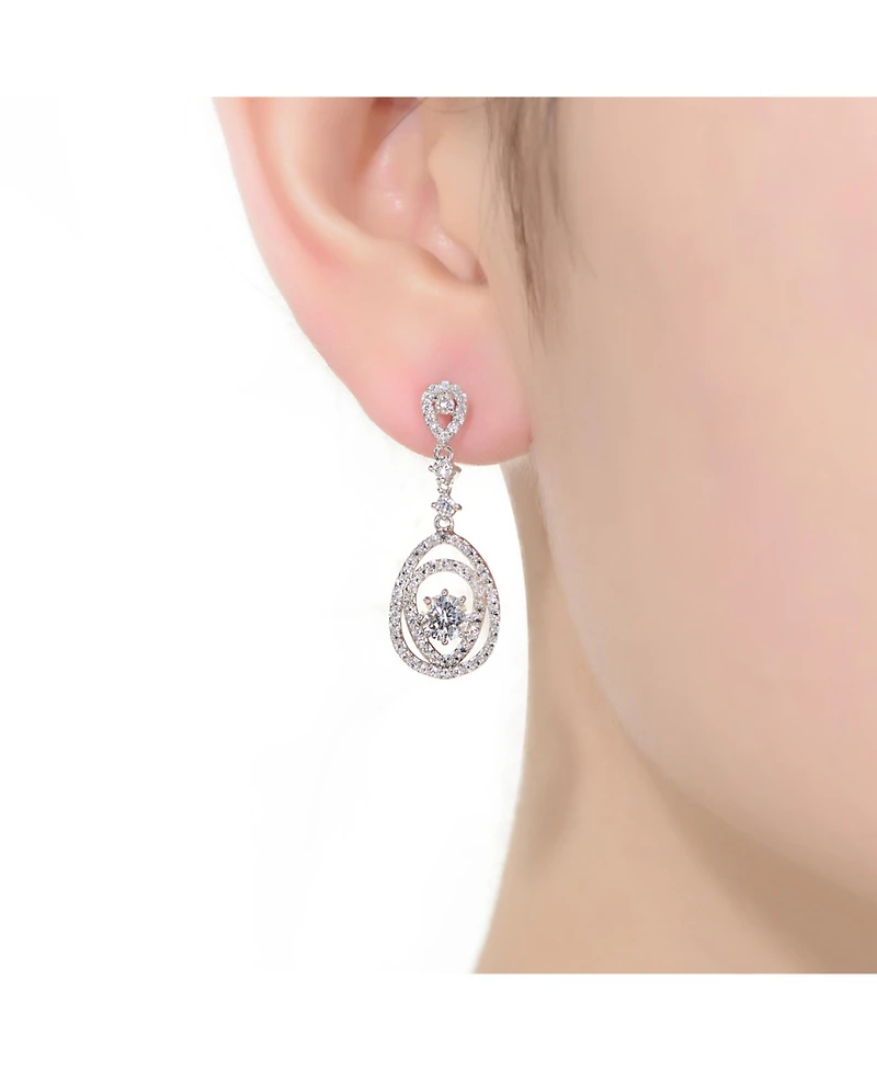 Sterling Silver with Rhodium Plated Clear Round Cubic Zirconia Double Pear Drop Earrings