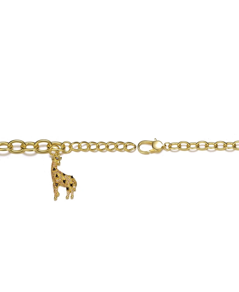 14k Yellow Gold Plated with Fancy Cubic Zirconia Giraffe Dangle Charm Bracelet in Sterling Silver