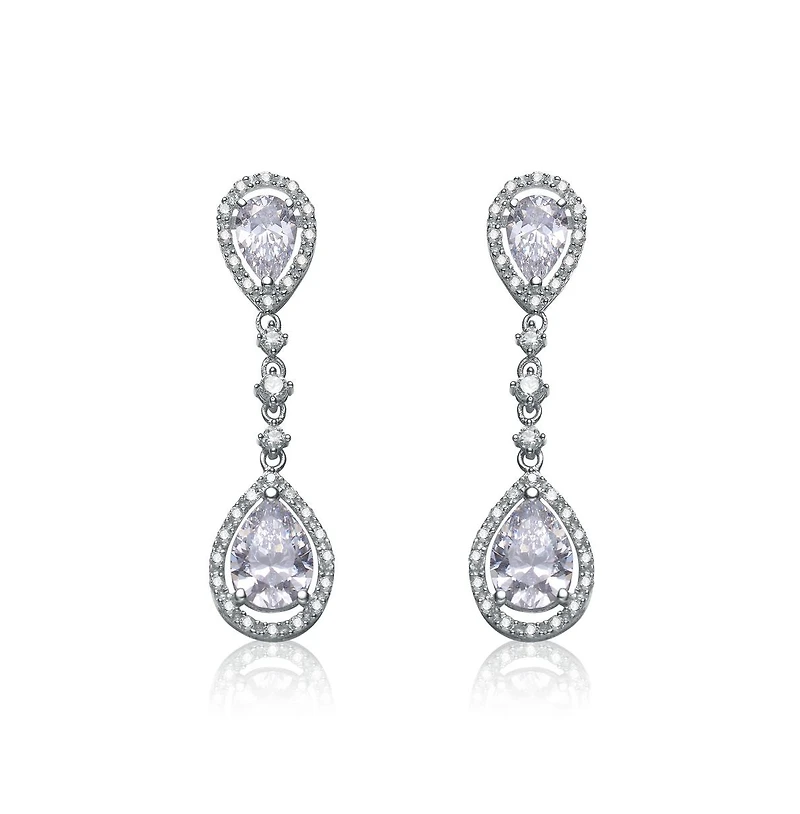 Cubic Zirconia Sterling Silver Rhodium Plated Pear Shape Drop Earrings