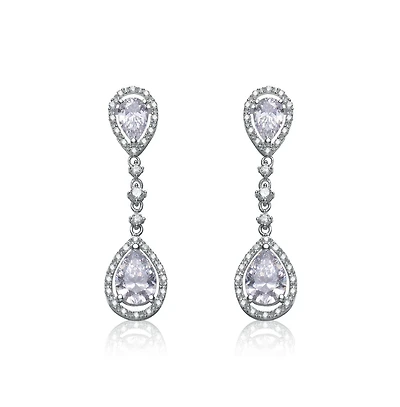 Cubic Zirconia Sterling Silver Rhodium Plated Pear Shape Drop Earrings