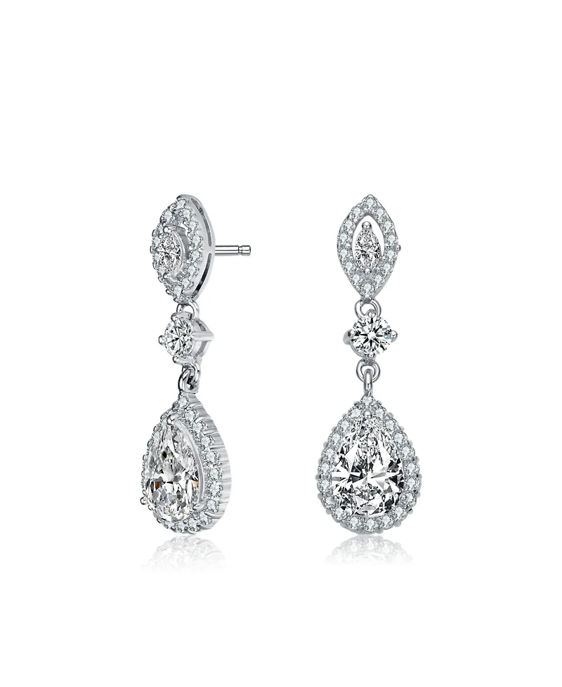 Sterling Silver with Rhodium Plated Clear Pear with Round and Marquise Cubic Zirconia Accent Dangle Earrings