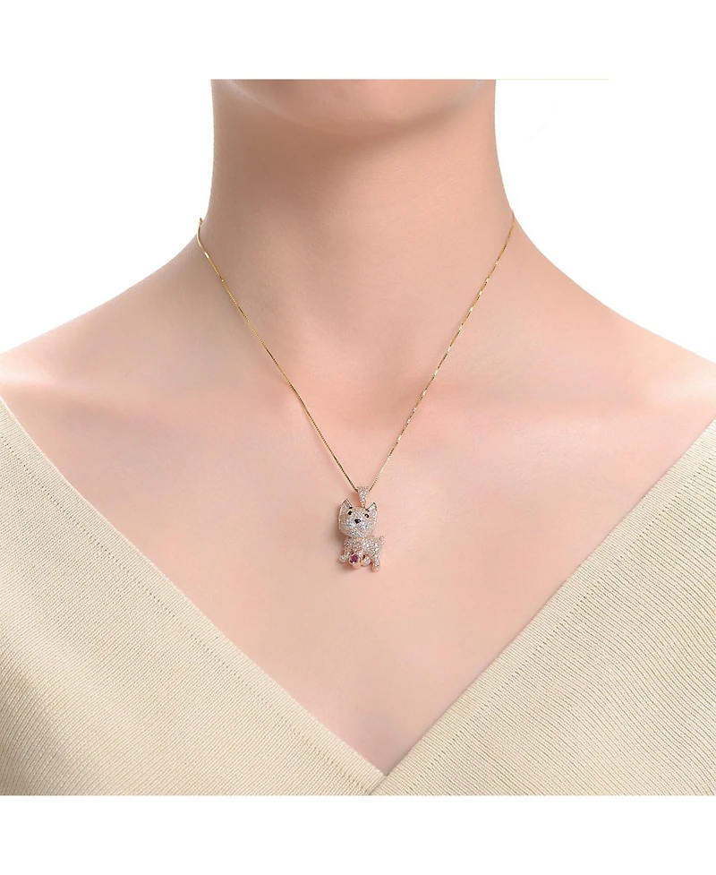 Sterling Silver Rhodium and 18K Gold Plated Enamel and Cubic Zirconia Cat Pendant