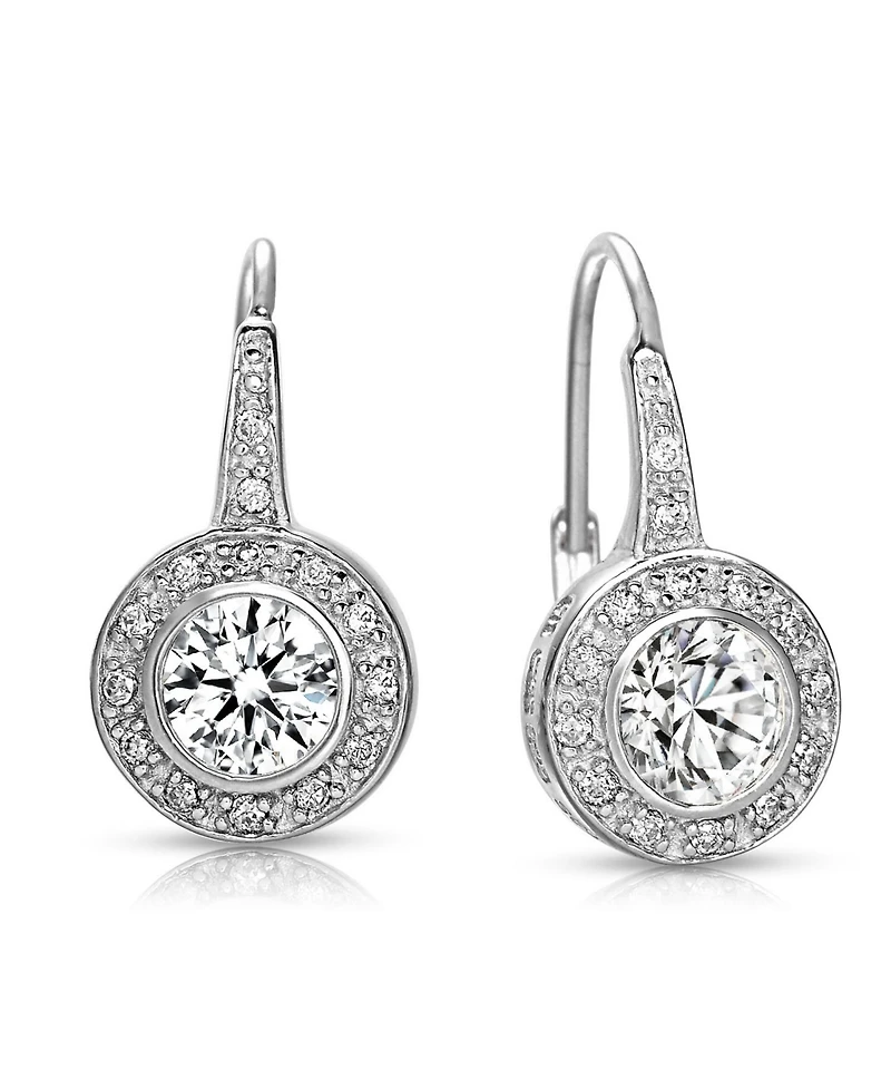 Round Cubic Zirconia Bezel Halo Dangle Earrings