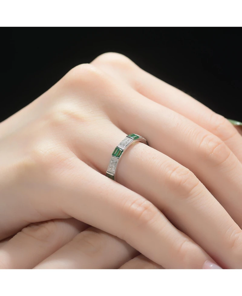 Sterling Silver White Gold Plated with Red Baguette & Round Cubic Zirconia Eternity Band Stacking Ring