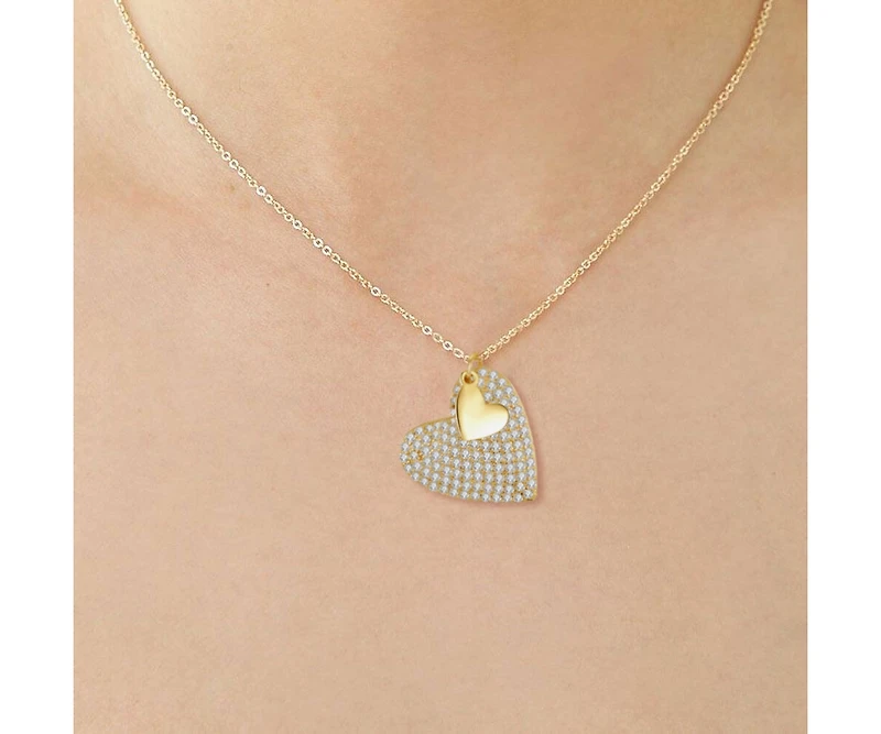 Sterling Silver 14k Yellow Gold Plated with Cubic Zirconia Pave Double Dangle Heart Charm Pendant Layering Necklace