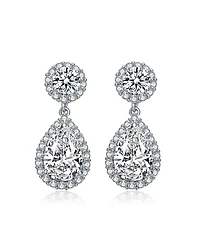Sterling Silver with Rhodium Plated Clear Pear and Round Cubic Zirconia with Halo Drop Earrings