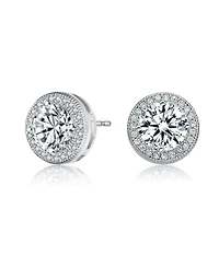 Sterling Silver with Rhodium Plated Clear Round Cubic Zirconia Solitaire Halo Stud Earrings