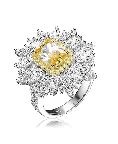 Sterling Silver White Gold Plated Yellow Radiant with Clear Cubic Zirconia Halo Ring