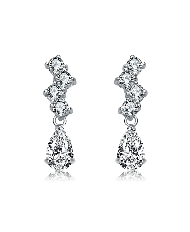 Sterling Silver with Rhodium Plated Clear Pear and Round Cubic Zirconia ZigZag Drop Earrings