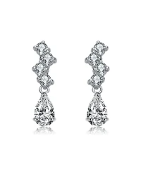 Sterling Silver with Rhodium Plated Clear Pear and Round Cubic Zirconia ZigZag Drop Earrings