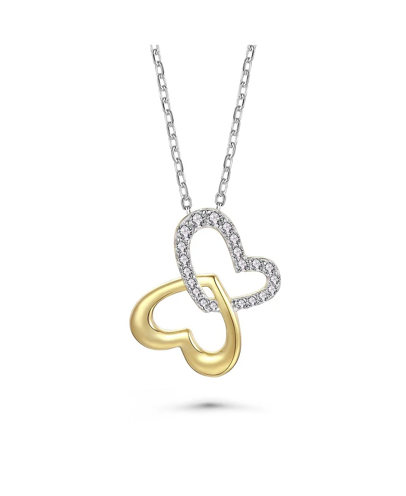 14k Yellow Gold Plated with Cubic Zirconia Double Heart Butterfly Pendant Necklace Sterling Silver