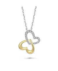 14k Yellow Gold Plated with Cubic Zirconia Double Heart Butterfly Pendant Necklace Sterling Silver