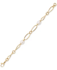 Cultured Freshwater Pearl (9-3/4 x 10-3/4mm) Oval Link Bracelet in 14k Gold-Plated Sterling Silver