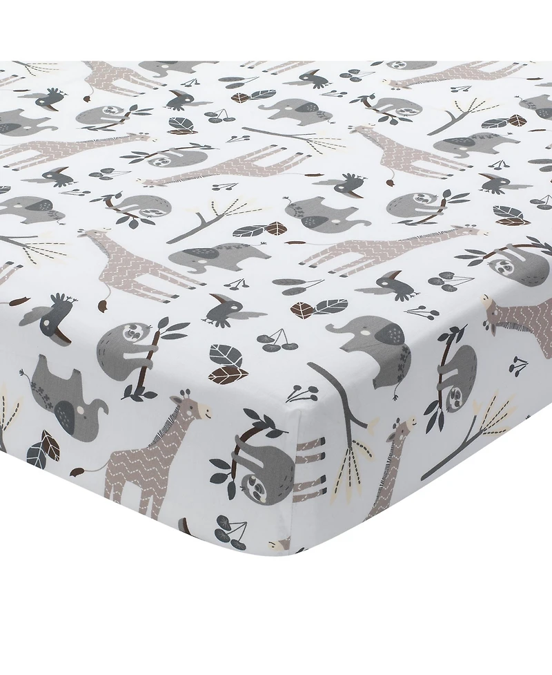 Lambs & Ivy Baby Jungle Animals White/Gray/Taupe Cotton Fitted Crib Sheet