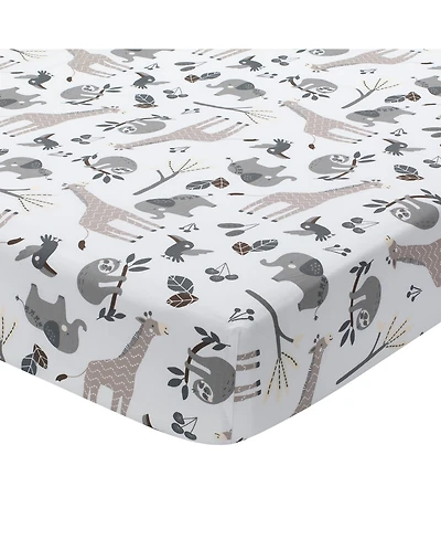 Lambs & Ivy Baby Jungle Animals White/Gray/Taupe Cotton Fitted Crib Sheet
