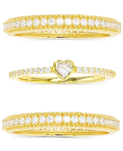 3-Pc. Set Cubic Zirconia Heart Motif Stack Rings 14k Gold-Plated Sterling Silver