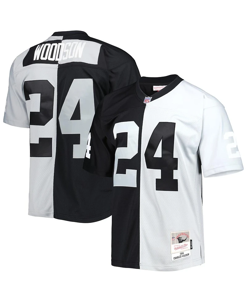 Men's Mitchell & Ness Charles Woodson Black and Silver Las Vegas Raiders 1998 Split Legacy Replica Jersey
