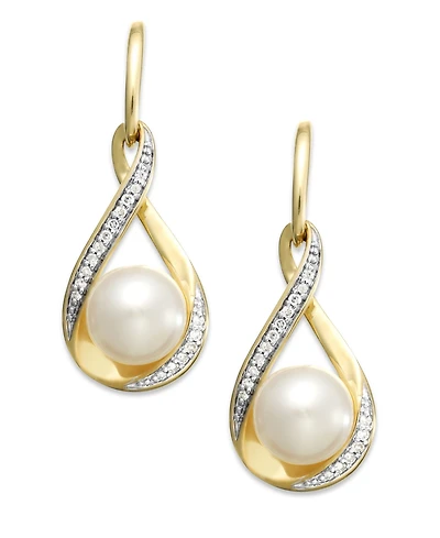Cultured Freshwater Pearl (7mm) and Diamond (1/10 ct. t.w.) Drop Earrings 14K Gold