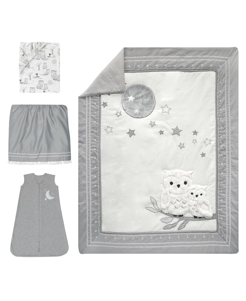 Lambs & Ivy Luna White/Gray Celestial Owl 4-Piece Nursery Baby Crib Bedding Set